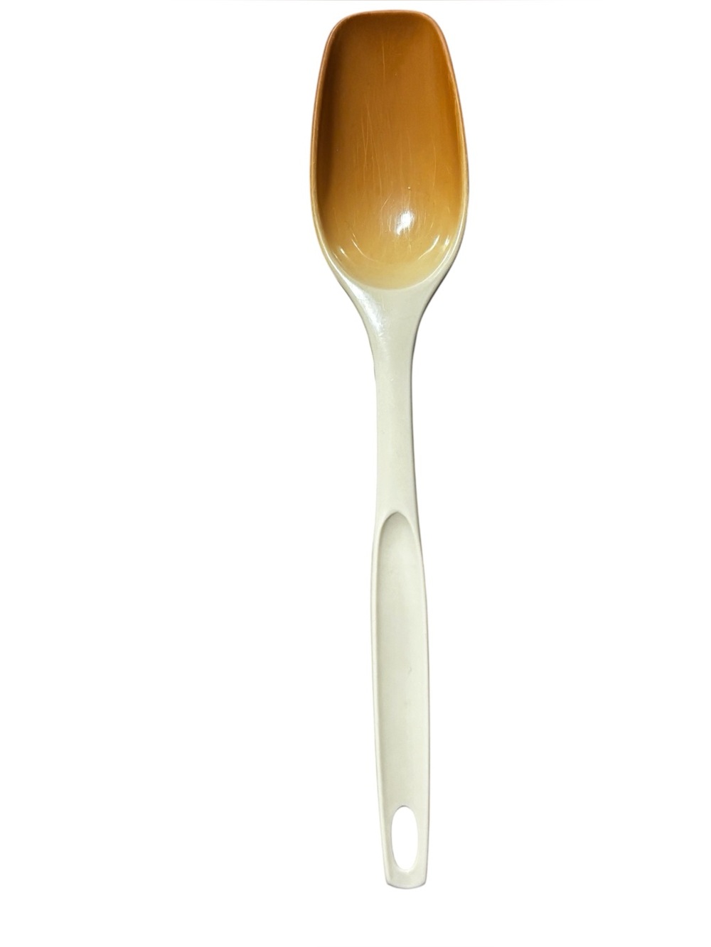 Foley Vintage nylon kitchen spoon in almond, long handle with hanging hole.